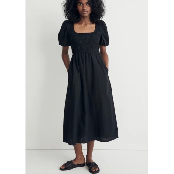 MADEWELLLucie Puff-Sleeve Textured Cotton Midi Dress in Black Size 4